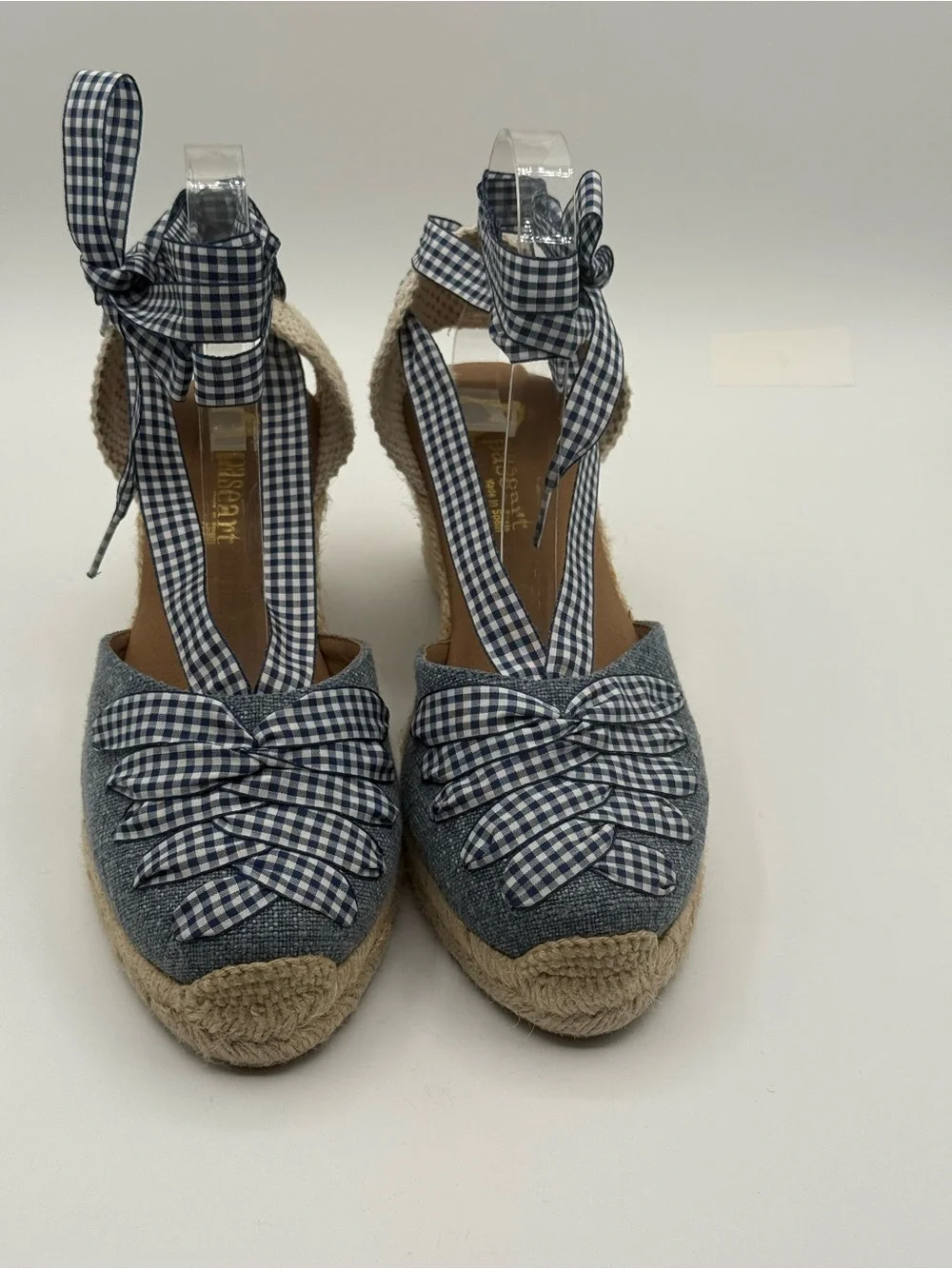Paseart Denim Espadrille Wedge Sandals Blue Gingham Lace-Up Ankle Tie Platform